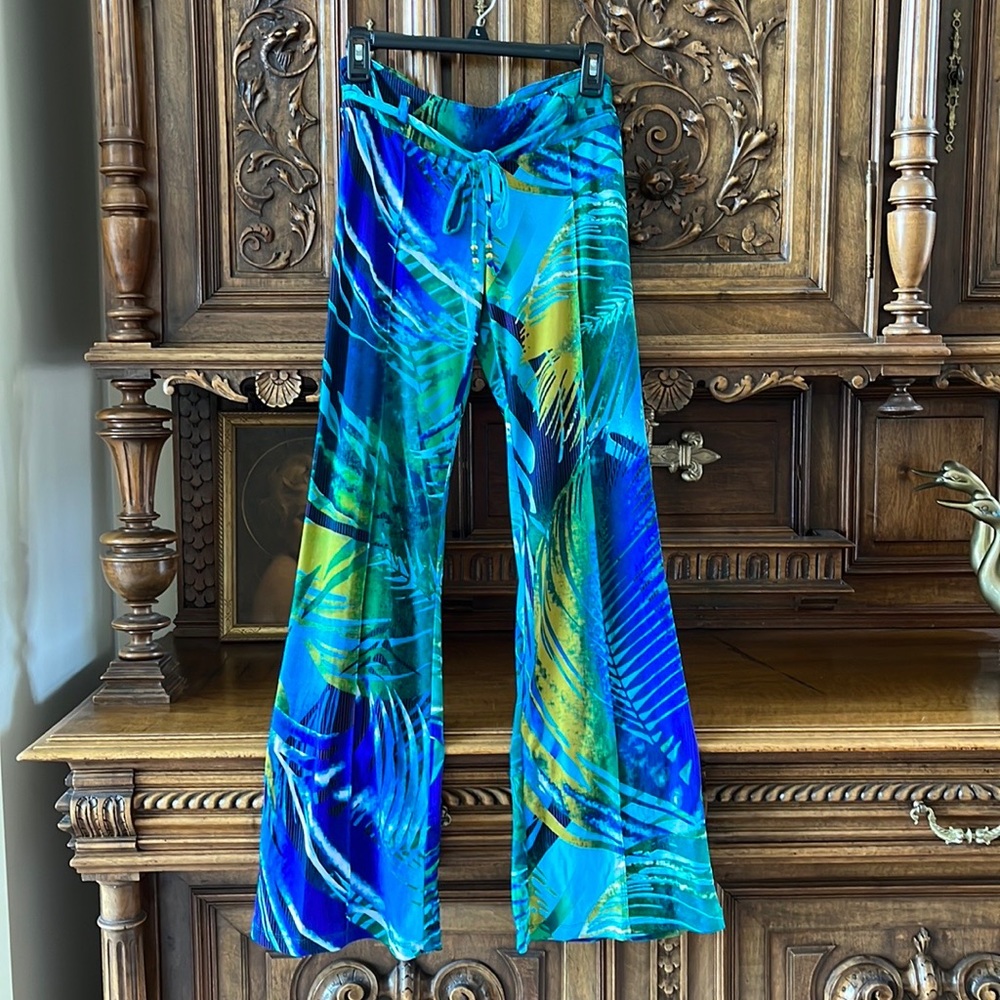 Cache Blue and Green Flare Pants with Psychedelic Print